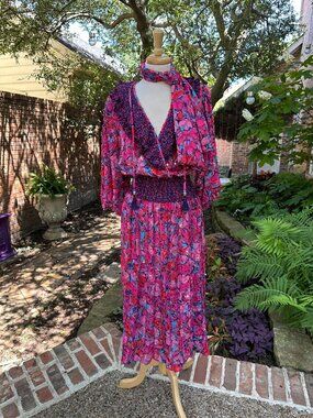 Vintage Diane Freis Floral Georgette Sequins Midi Dress 80s w Sash Sz M